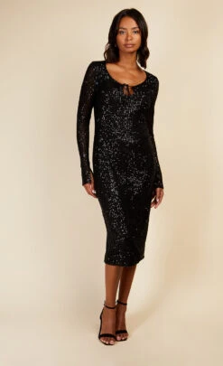 Little Mistress Black Sequin Scoop Neck Midi Dress