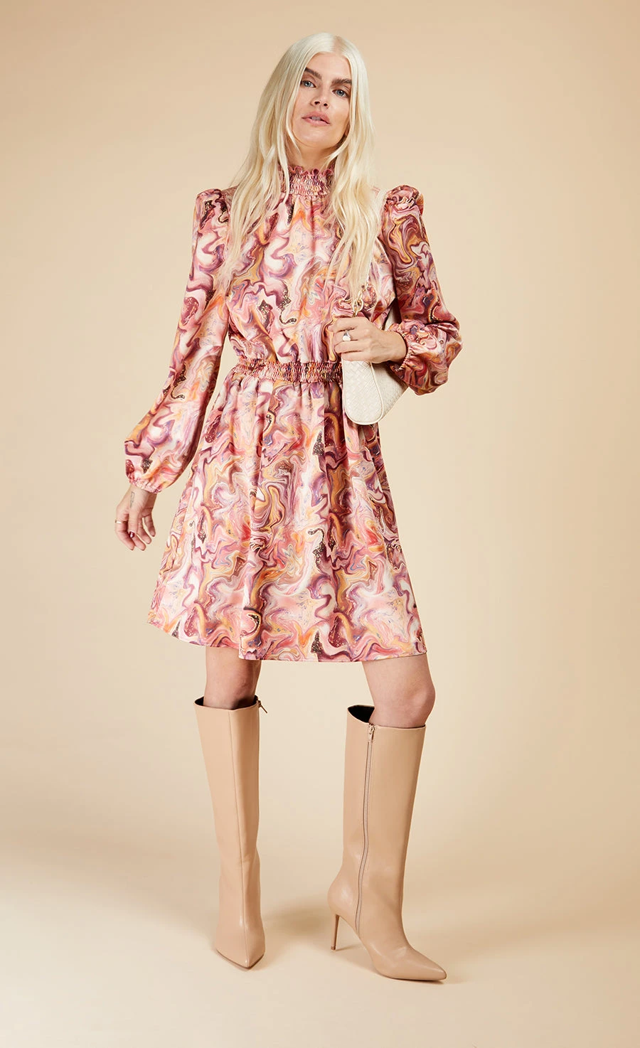 Little Mistress Marble Satin Shirred Mini Dress