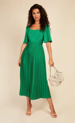 Little Mistress Green Check And Pleated Hem Midaxi Dress