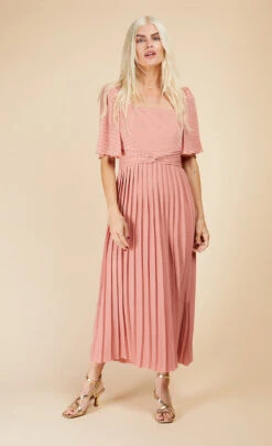Little Mistress Coral Pink Check And Pleated Hem Midaxi Dress