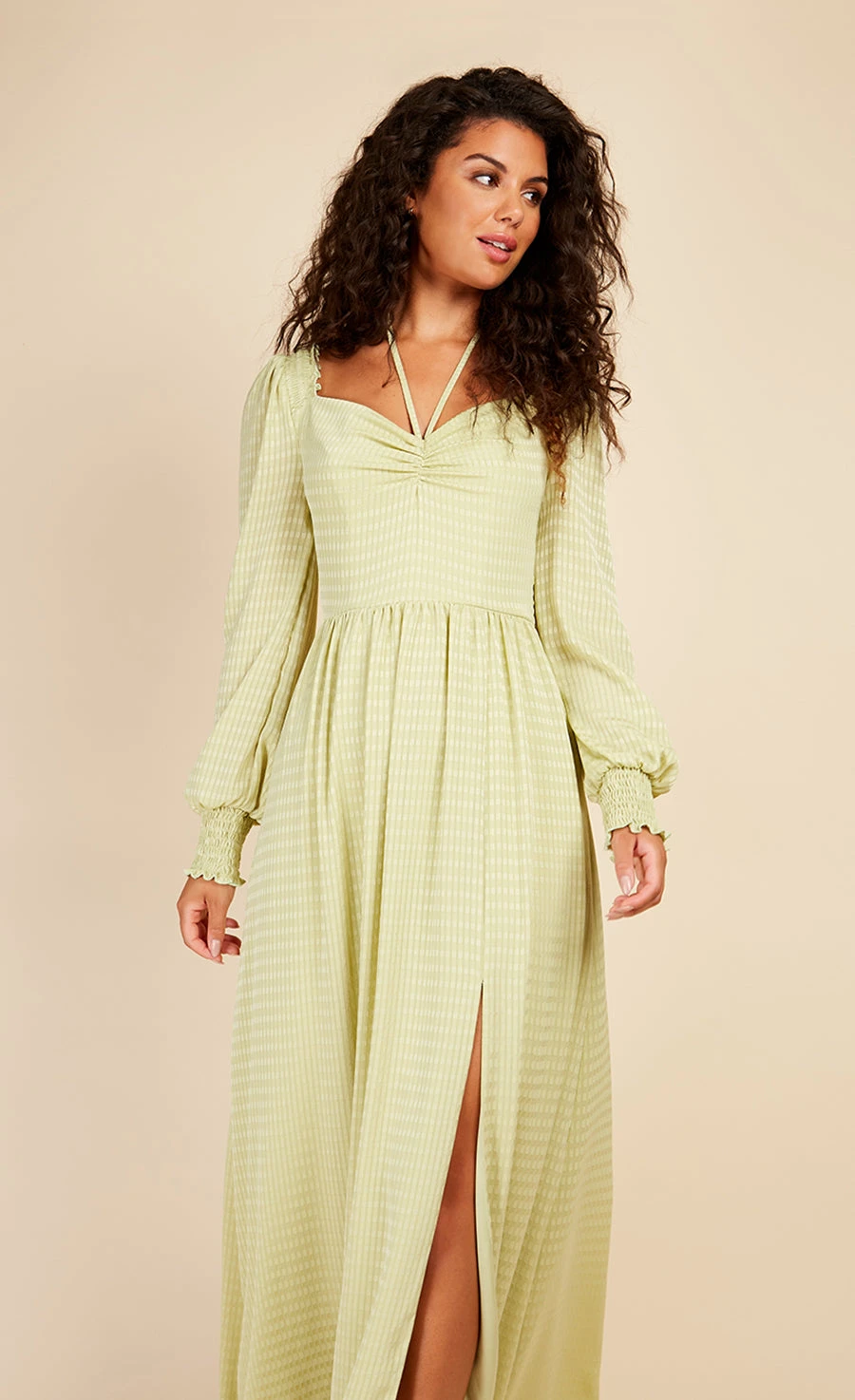 Little Mistress Chartreuse Check Tie Neck Maxi Dress - Image 3