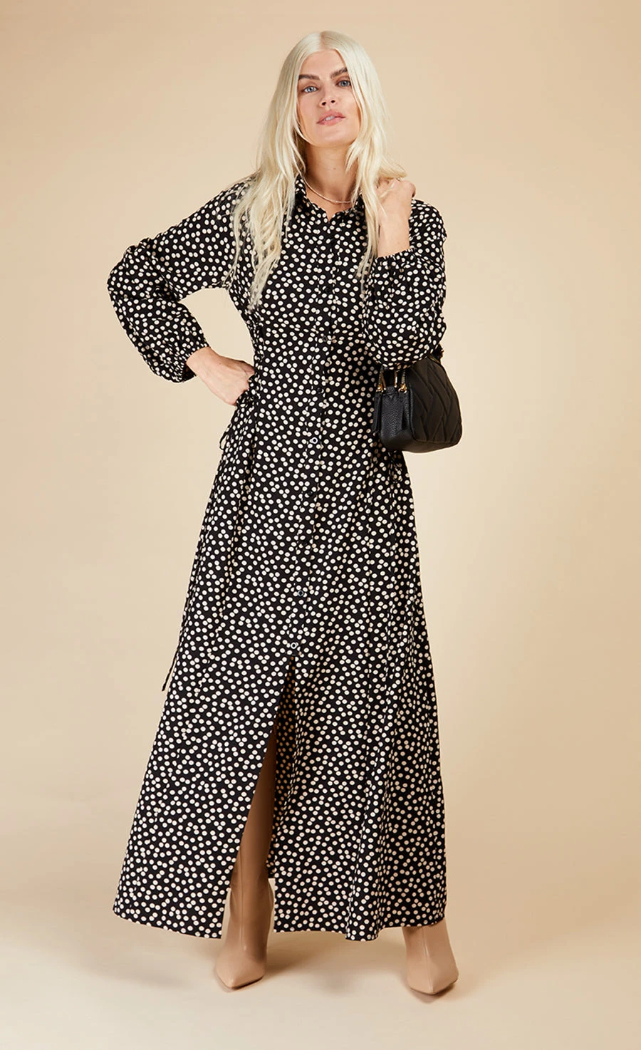 Little Mistress Mono Spot Lace Up Maxi Shirt Dress By Vogue Williams - Image 3