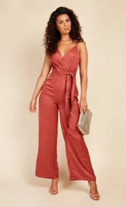 Little Mistress Rust Satin Asymmetric Neck Jumpsuit