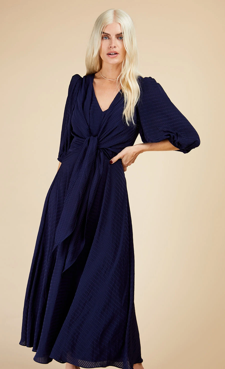 Little Mistress Navy Check Tie Detail Midaxi Dress - Image 2