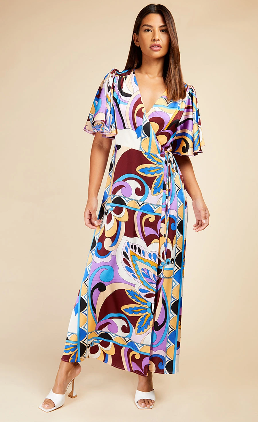 Little Mistress Retro Print Satin Wrap Maxi Dress By Vogue Williams - Image 3