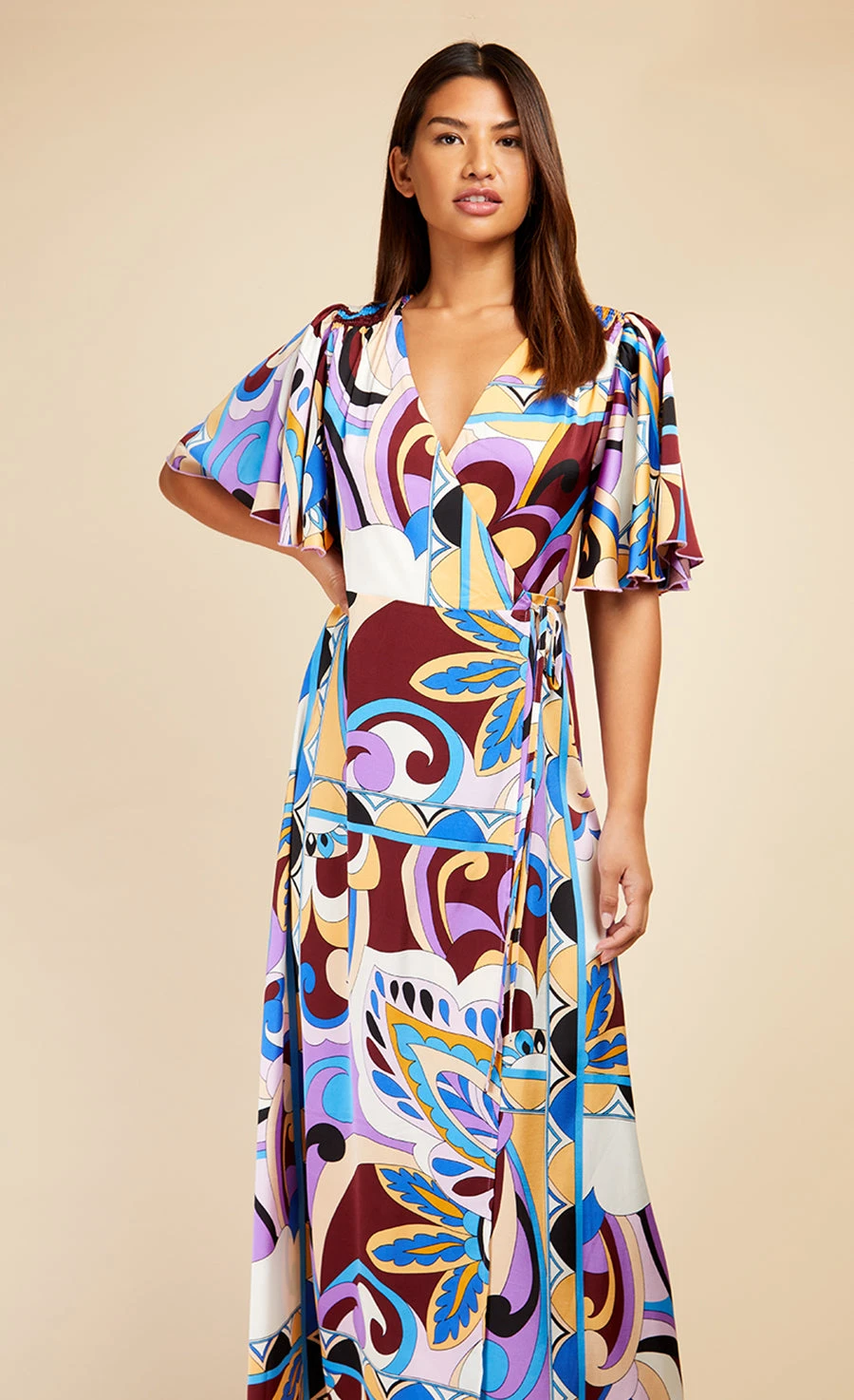Little Mistress Retro Print Satin Wrap Maxi Dress By Vogue Williams - Image 4