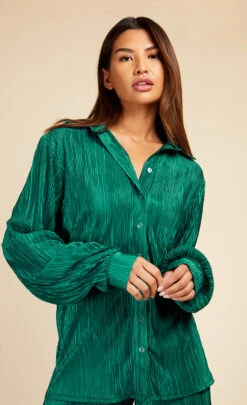 Little Mistress Bottle Green Plisse Shirt By Vogue Williams