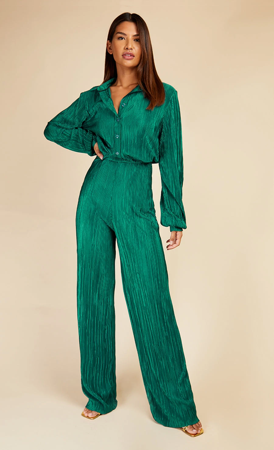 Little Mistress Bottle Green Plisse Trousers By Vogue Williams - Image 2