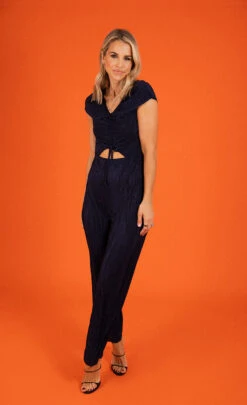 Little Mistress Navy Plisse Tie Detail Jumpsuit By Vogue Williams