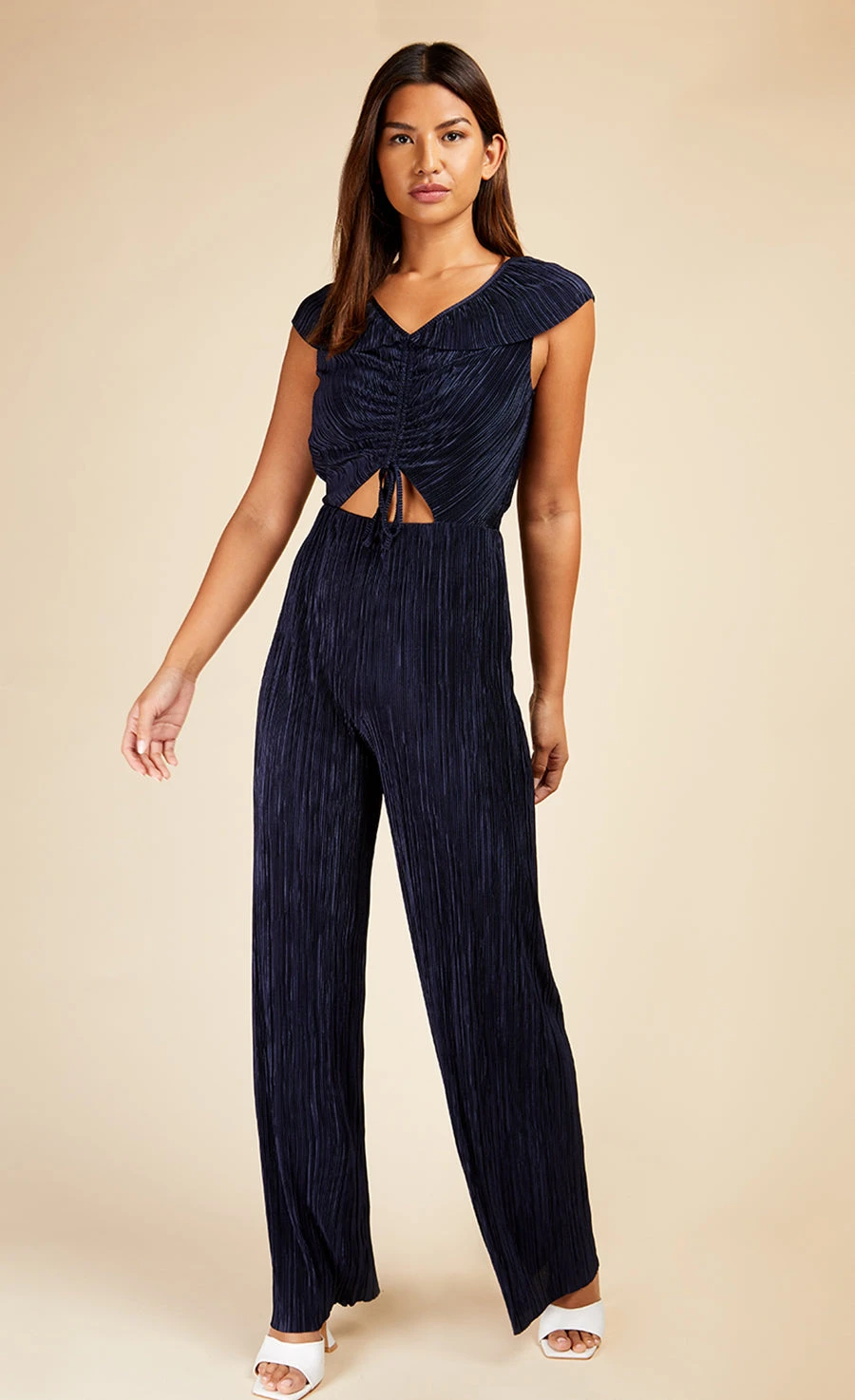 Little Mistress Navy Plisse Tie Detail Jumpsuit By Vogue Williams - Image 2