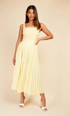 Little Mistress Butter Yellow Waffle Texture Pleated Midaxi Dress