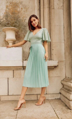 Little Mistress Sage Gold Foil Spot Pleated Midaxi Dress