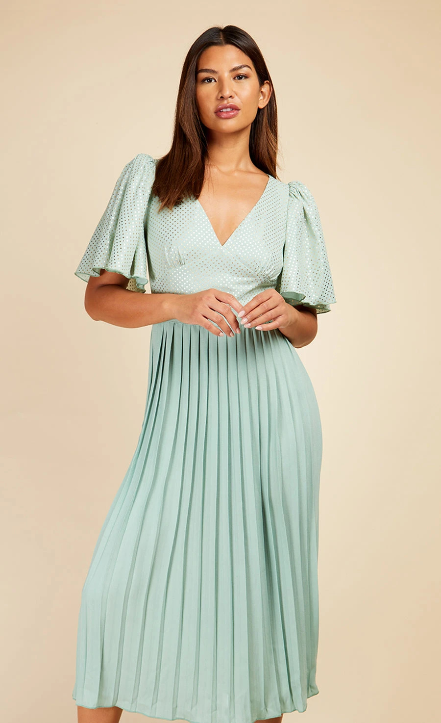 Little Mistress Sage Gold Foil Spot Pleated Midaxi Dress - Image 3