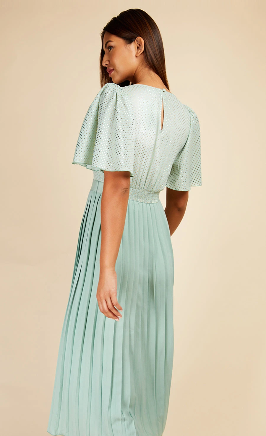Little Mistress Sage Gold Foil Spot Pleated Midaxi Dress - Image 5