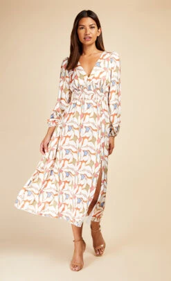 Little Mistress Leaf Print Blouson Sleeve Midaxi Dress