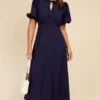 Little Mistress Navy Textured Puff Sleeve Midaxi Dress