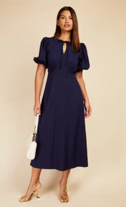 Little Mistress Navy Textured Puff Sleeve Midaxi Dress