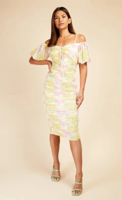 Little Mistress Blossom Ruched Bodycon Midi Dress