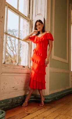 Little Mistress Tomato Red Frill Cold Shoulder Midaxi Dress