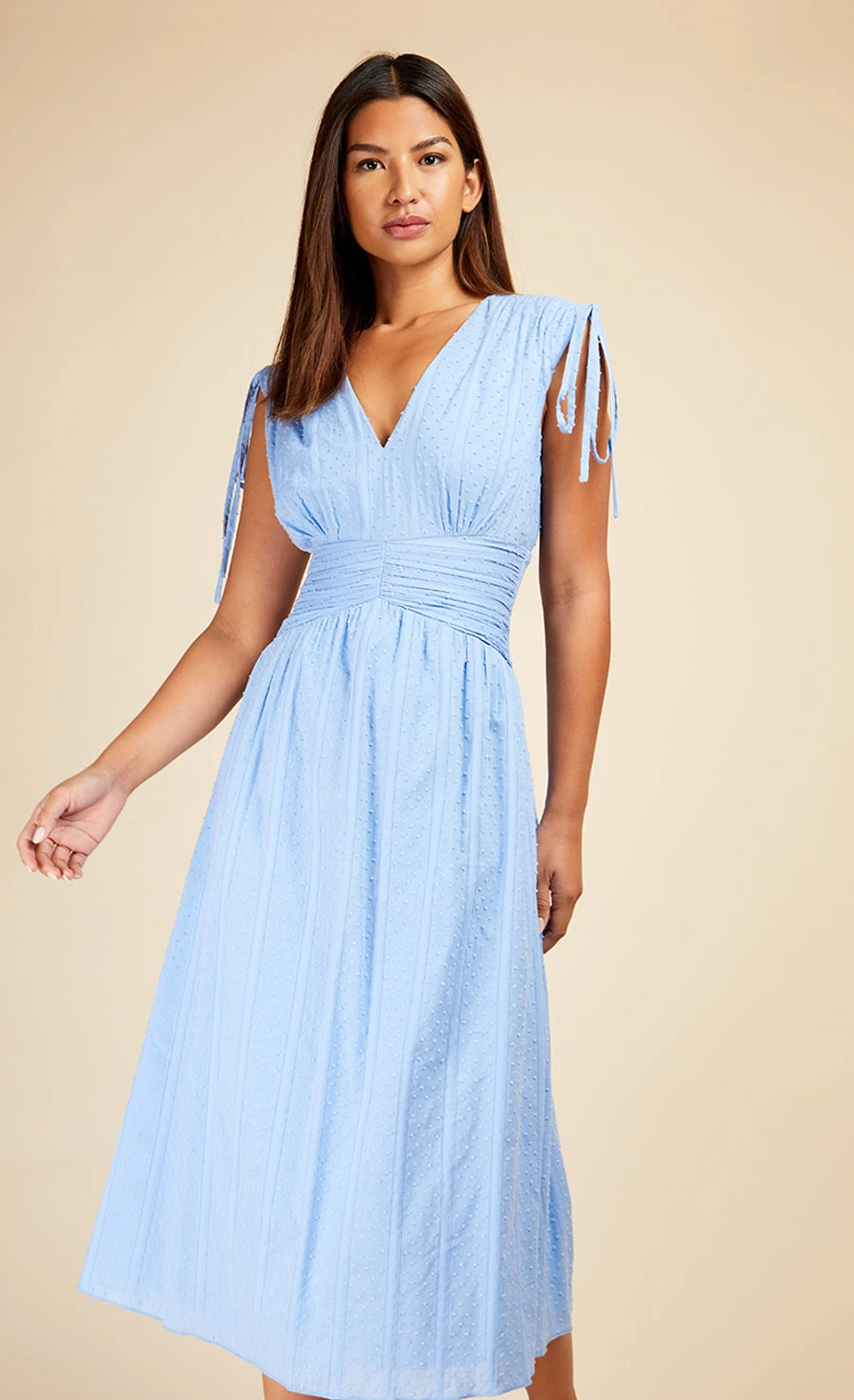 Little Mistress Cornflower Dobby Spot Gathered Detail Midaxi Dress - Image 3