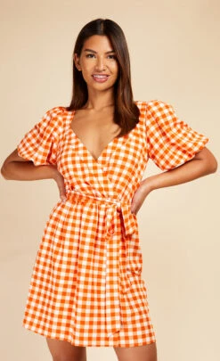 Little Mistress Orange Gingham Puff Sleeve Mini Wrap Dress