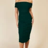 Little Mistress Hoxton Emerald Green Bardot Ruched Bodycon Midi Dress