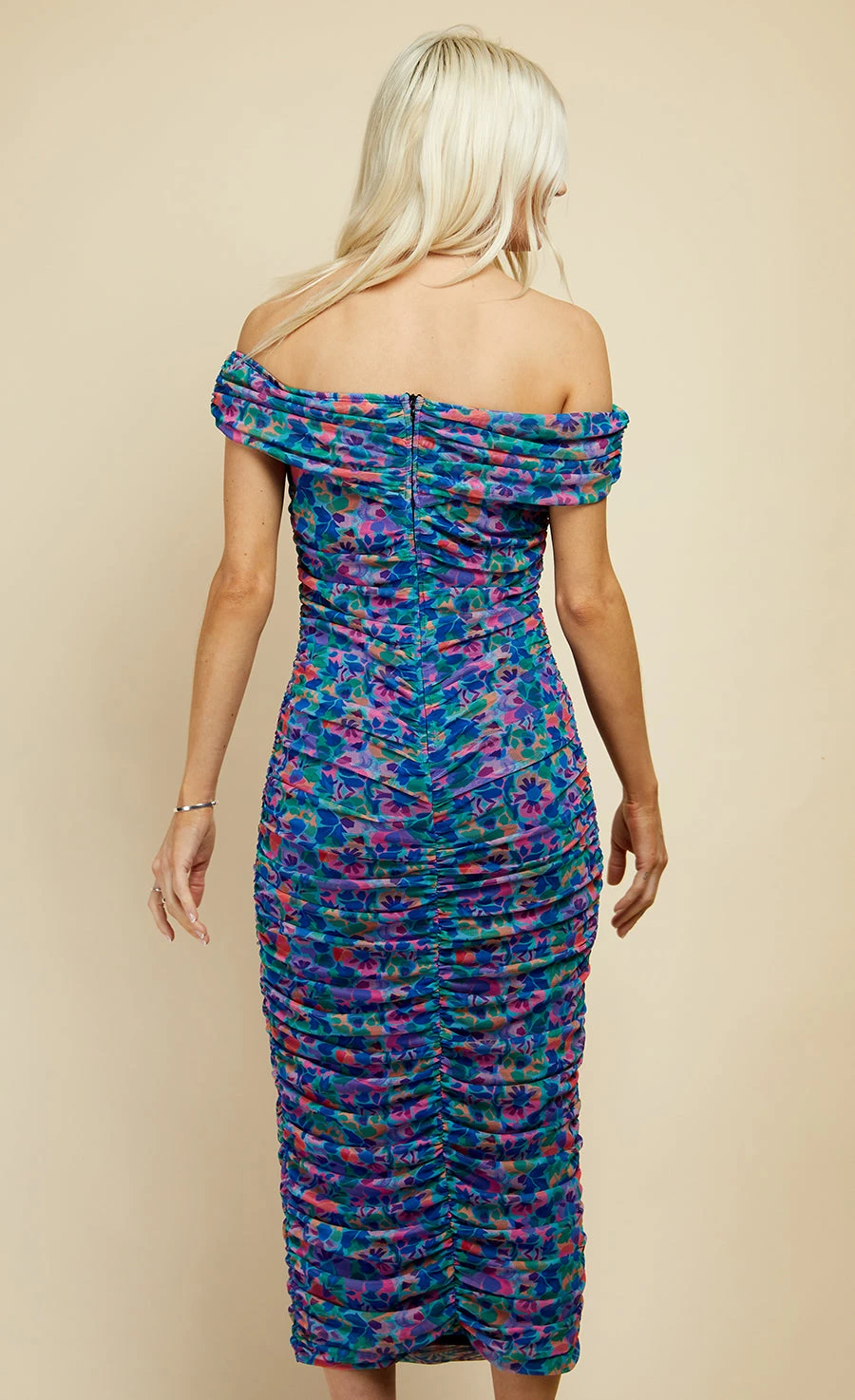 Little Mistress Blue Floral Print Ruched Bardot Midi Dress - Image 4