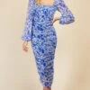 Little Mistress Blue Floral Print Ruched Midi Bodycon Dress
