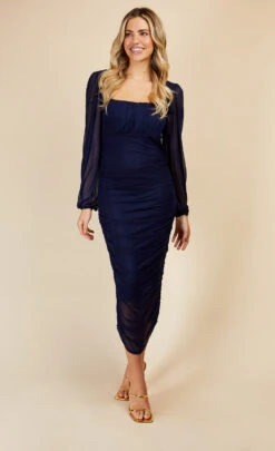 Little Mistress Navy Ruched Midi Bodycon Dress
