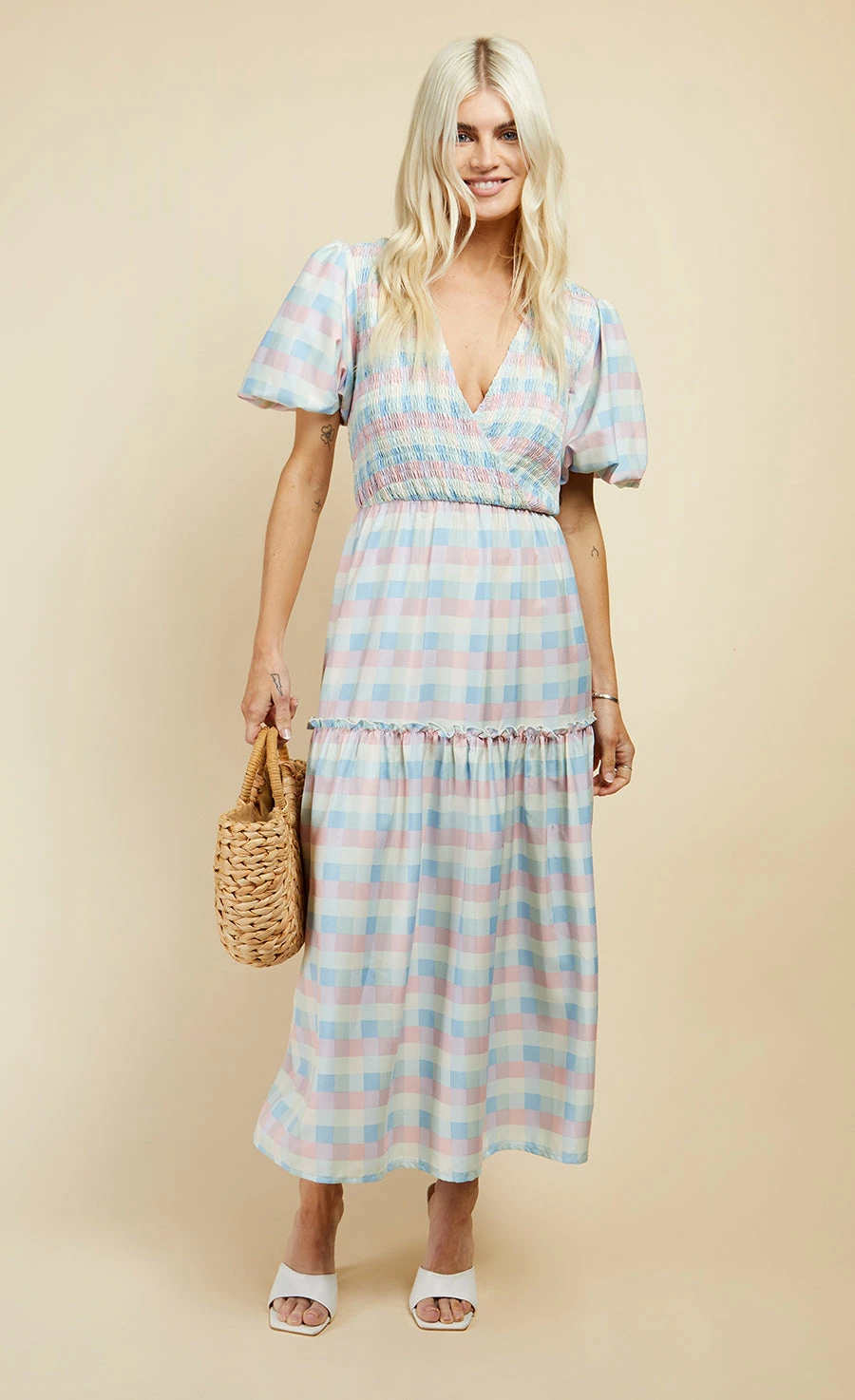Little Mistress Pastel Check Puff Sleeve Midi Dress - Image 2