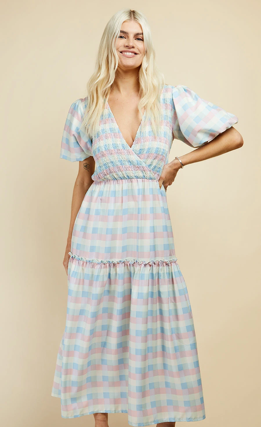 Little Mistress Pastel Check Puff Sleeve Midi Dress - Image 4