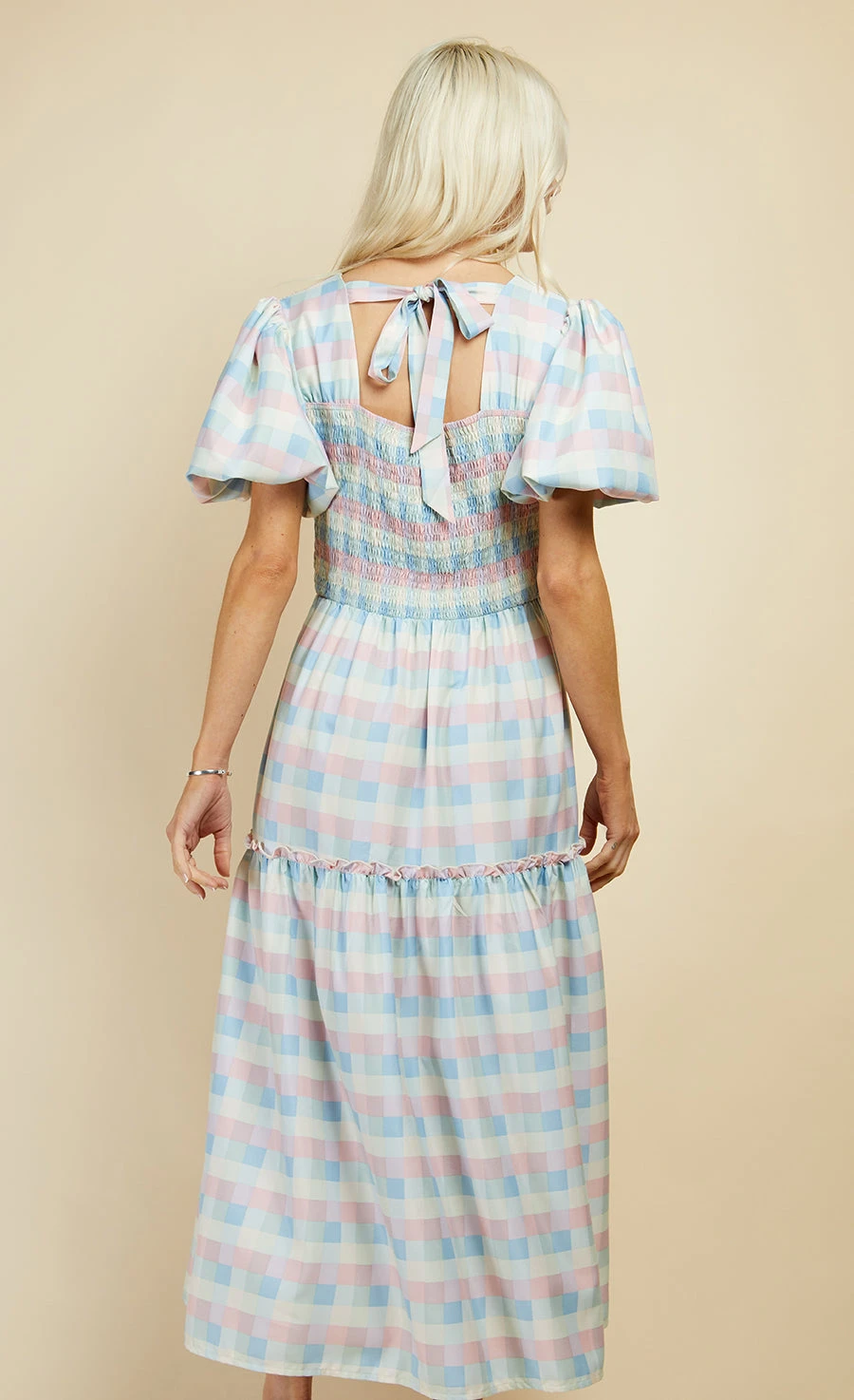 Little Mistress Pastel Check Puff Sleeve Midi Dress - Image 5
