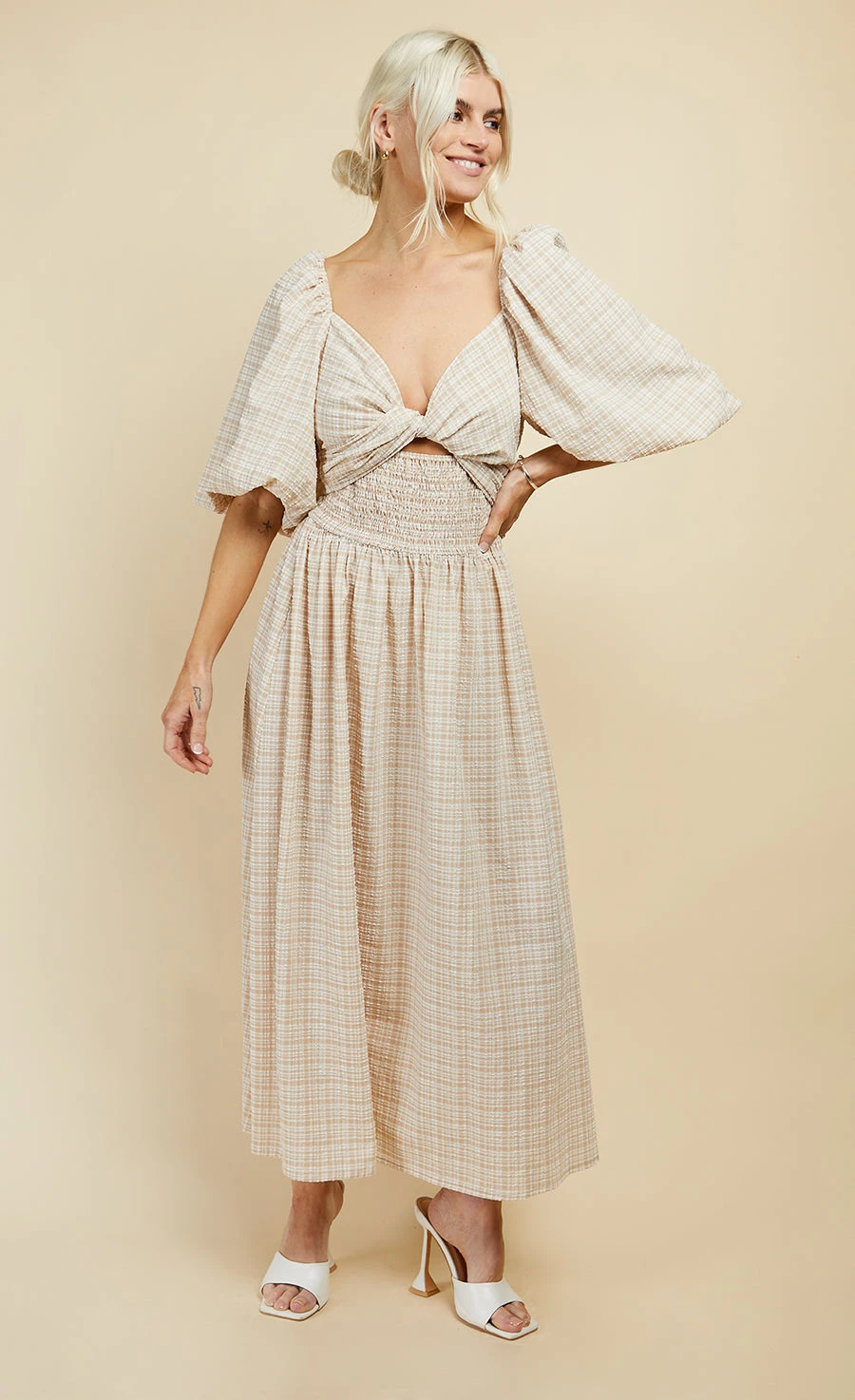 Little Mistress Beige Check Multiway Midi Dress - Image 3