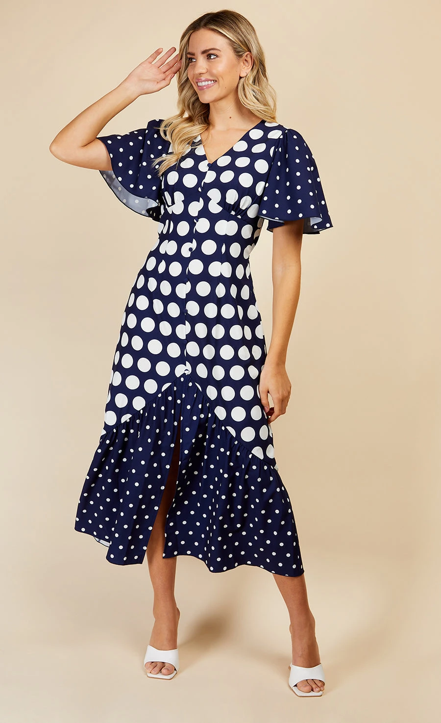 Little Mistress Navy Spot Mix Midi Dress