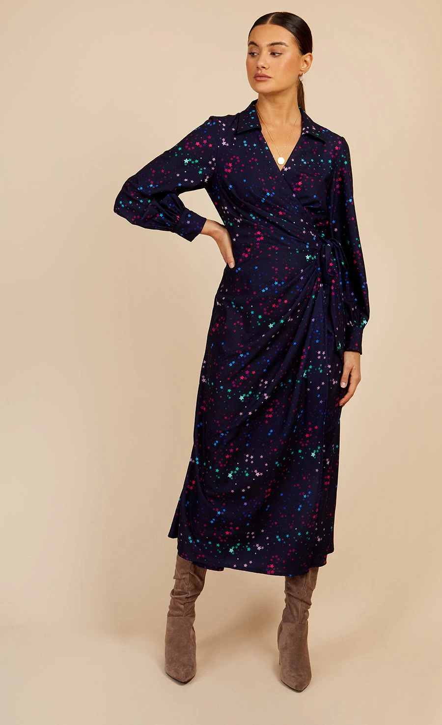Little Mistress Navy Star Print Midaxi Mock Wrap Dress By Vogue Williams - Image 3