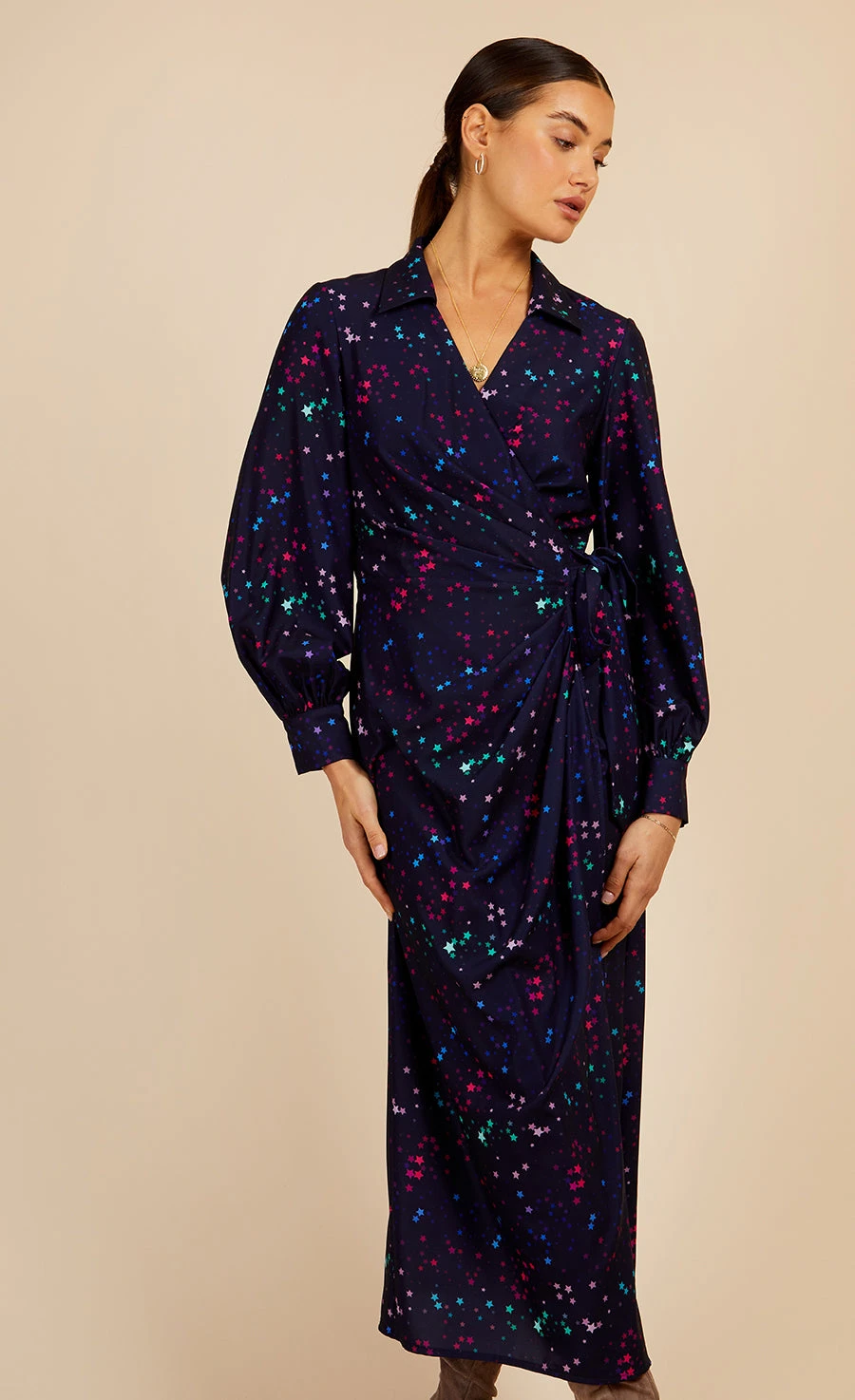 Little Mistress Navy Star Print Midaxi Mock Wrap Dress By Vogue Williams - Image 4