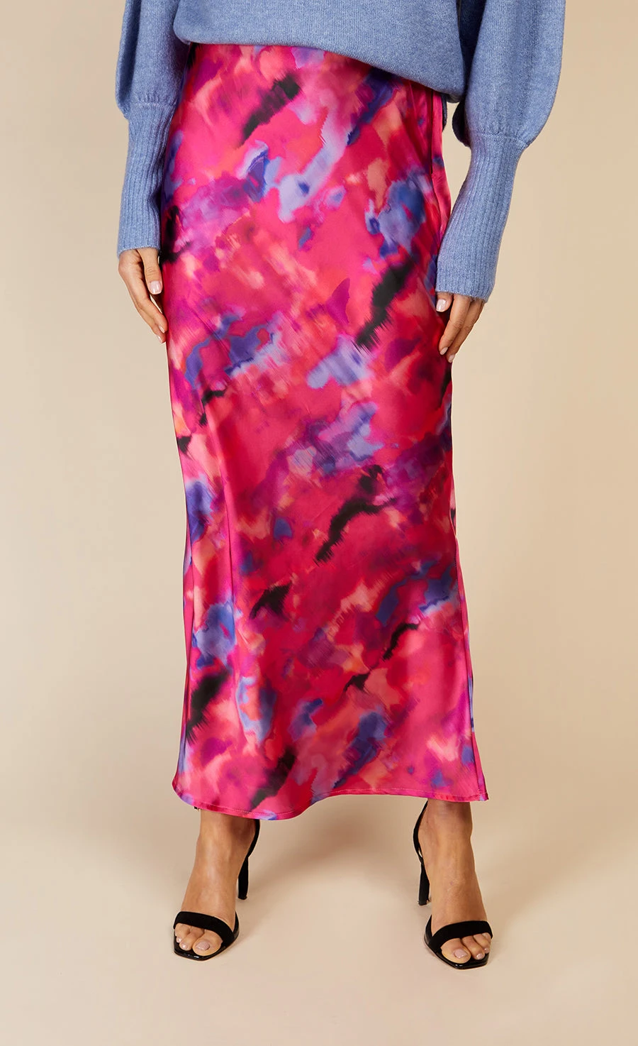 Little Mistress Watercolour Print Satin Midi Skirt By Vogue Williams - Image 2