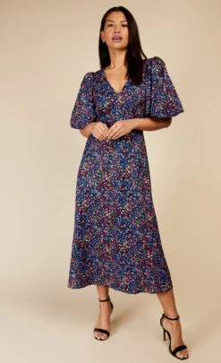 Little Mistress Animal Print Puff Sleeve Midaxi Dress