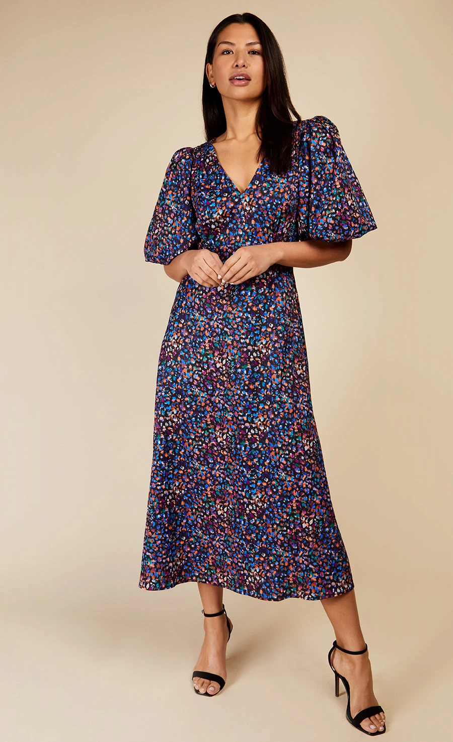 Little Mistress Animal Print Puff Sleeve Midaxi Dress