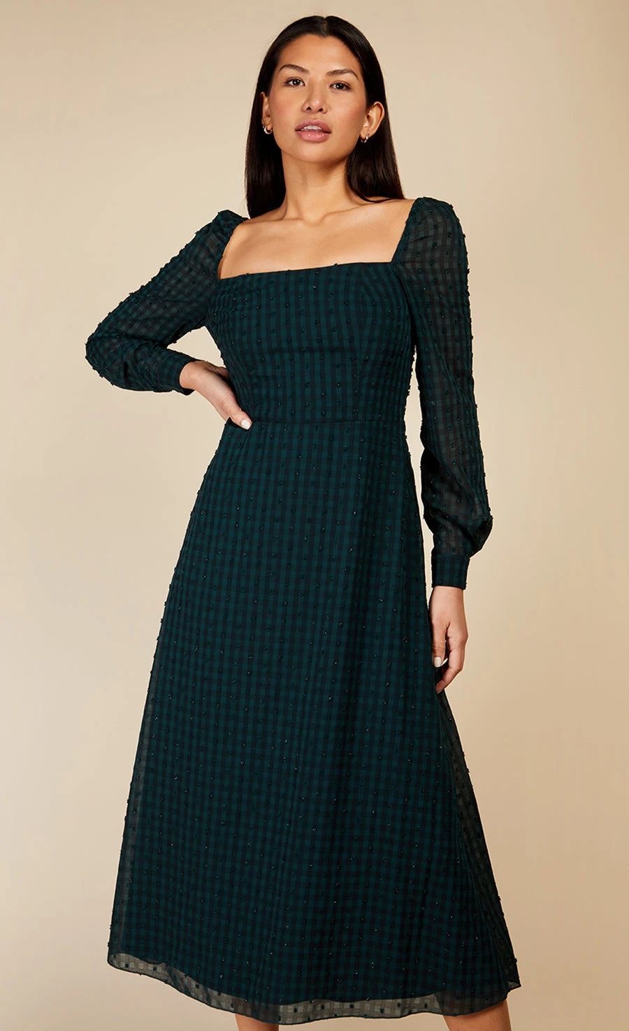 Little Mistress Emerald Green Gingham Midaxi Dress - Image 3