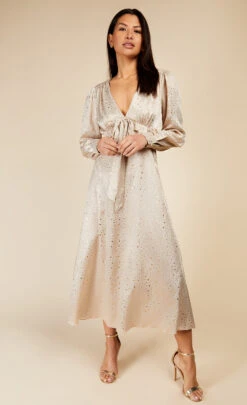 Little Mistress Oyster Gold Star Foil Print Midaxi Dress