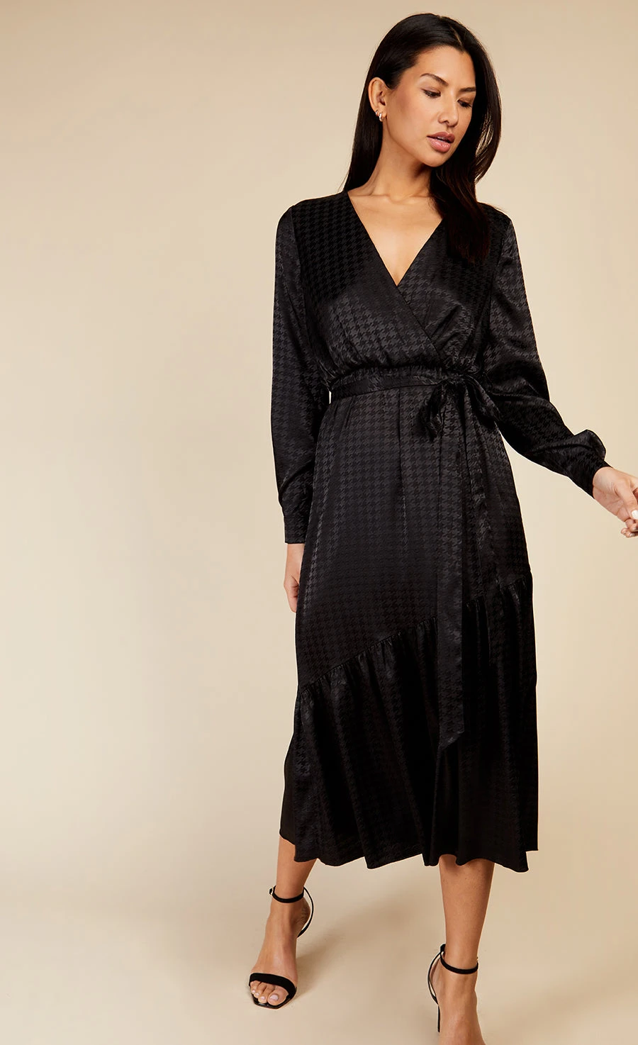 Little Mistress Black Satin Houndstooth Mock Wrap Midaxi Dress By Vogue Williams - Image 2