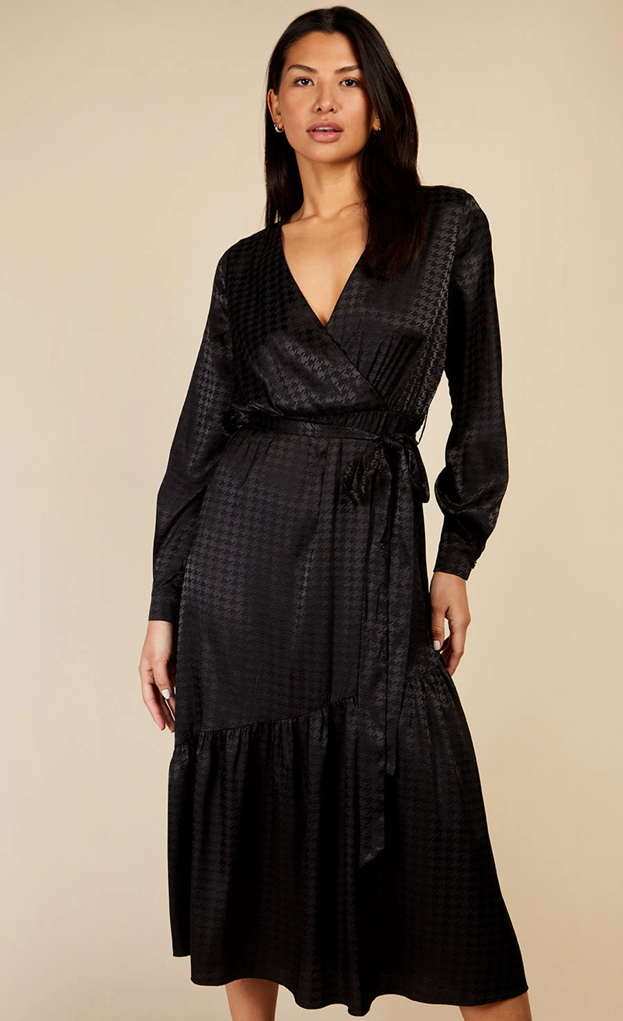 Little Mistress Black Satin Houndstooth Mock Wrap Midaxi Dress By Vogue Williams - Image 5