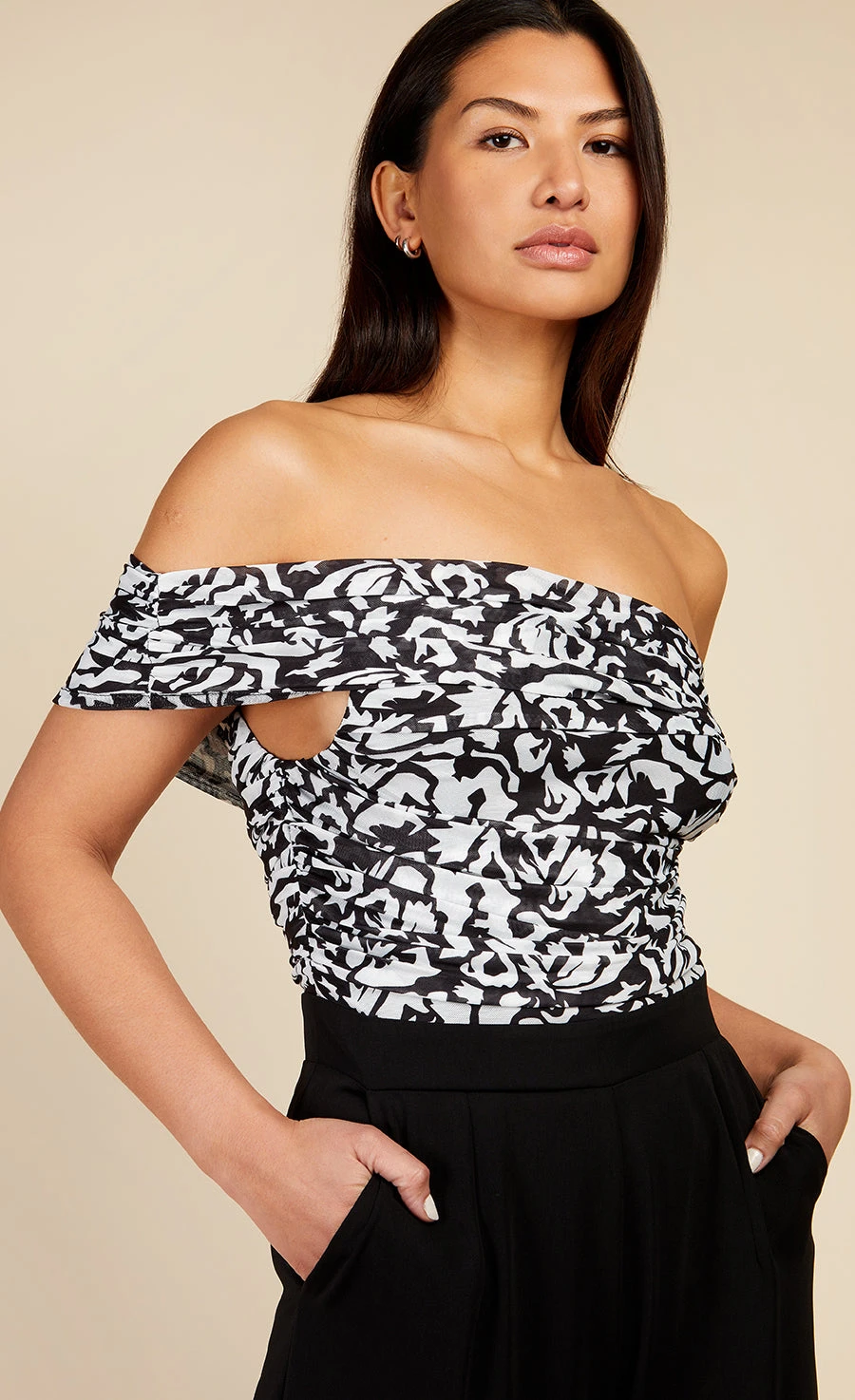 Little Mistress Monochrome Printed Mesh Bardot Jumpsuit - Image 4