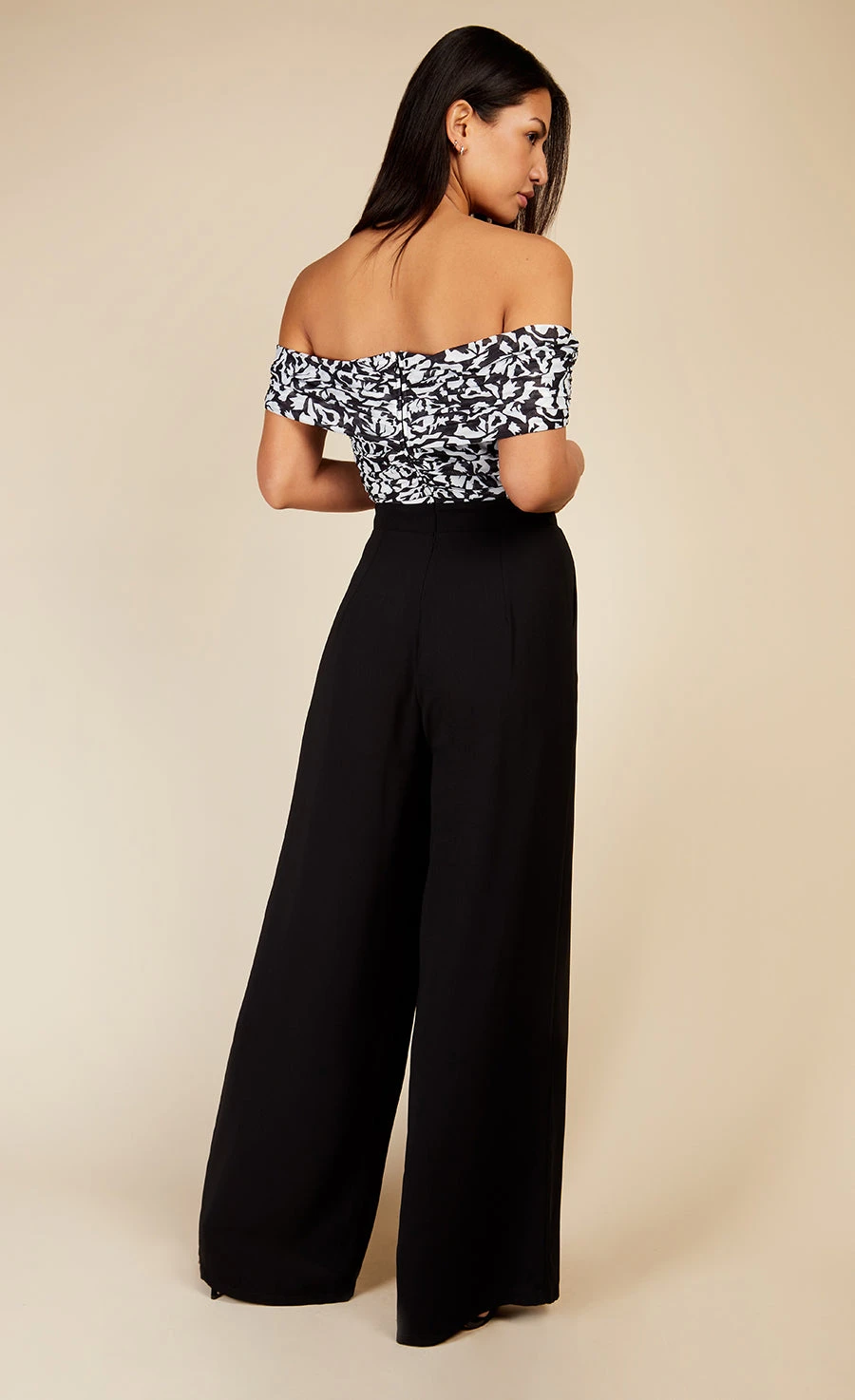 Little Mistress Monochrome Printed Mesh Bardot Jumpsuit - Image 2
