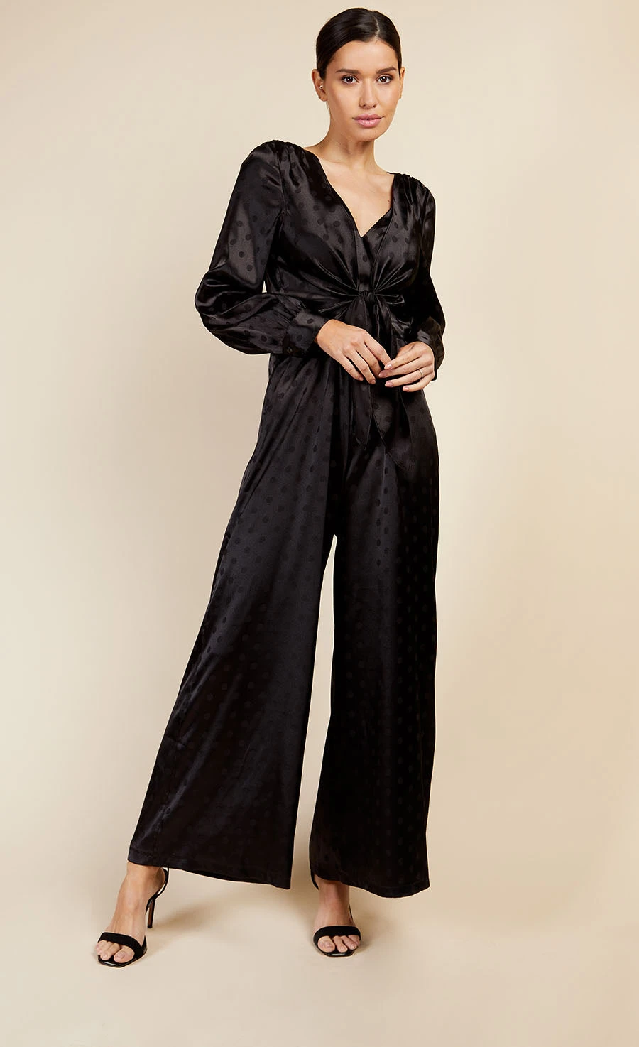 Little Mistress Black Satin Spot Jumpsuit