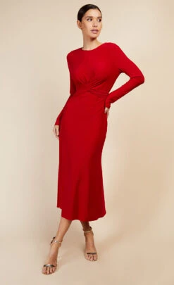 Little Mistress Cranberry Red Tie Waist Midaxi Dress