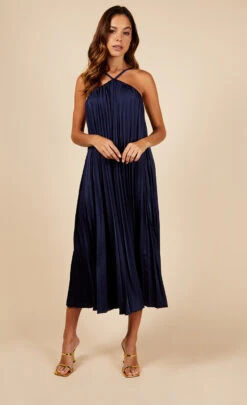 Little Mistress Navy Satin Pleated Midaxi Dress