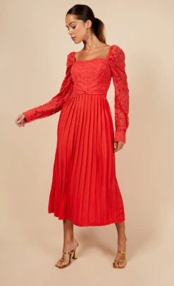 Little Mistress Coral Lace And Pleated Hem Midi Dress