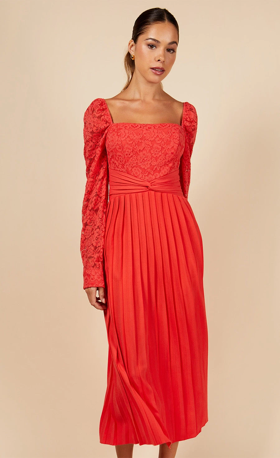 Little Mistress Coral Lace And Pleated Hem Midi Dress - Image 4